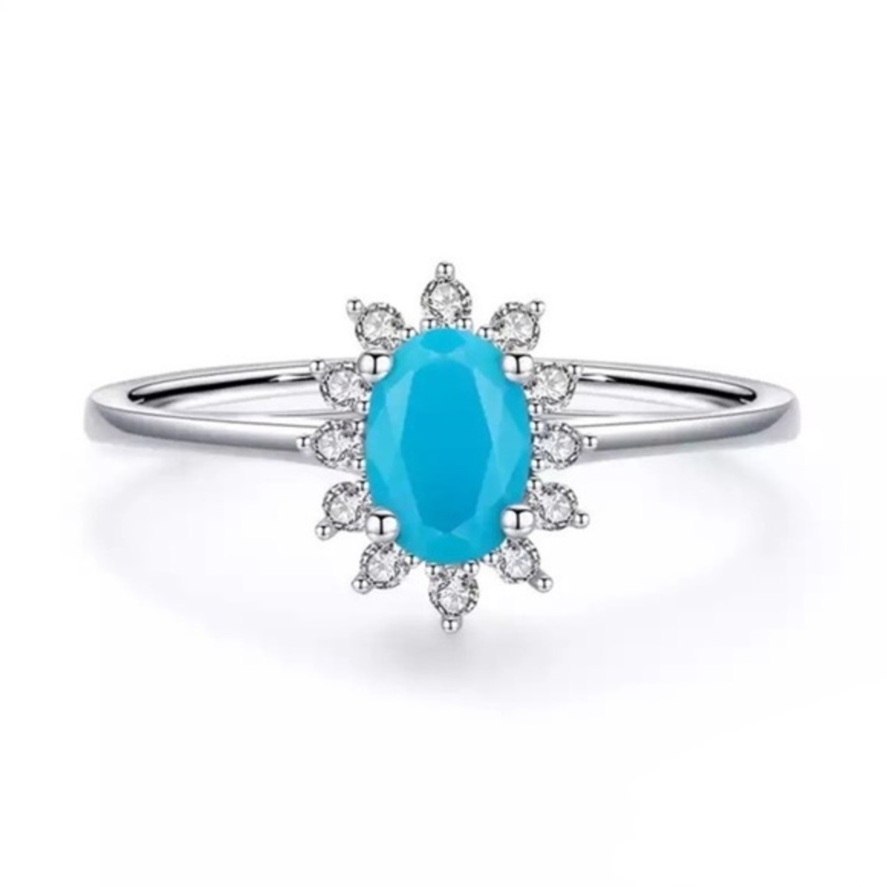 925 Sterling Silver Crown Natural Turquoise Cubic Zirconia Ring